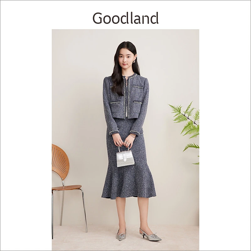 【彩点花纱呢】Goodland美地2024秋季新款法式小香风休闲短外套