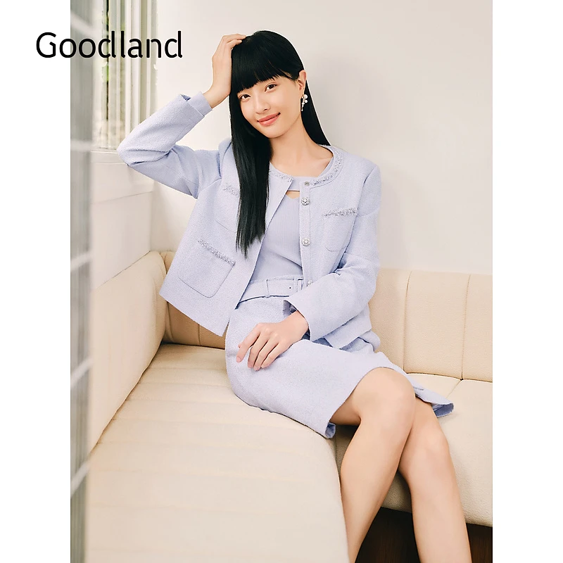 Goodland美地秋季新款镂空解构收腰A字针织连衣裙