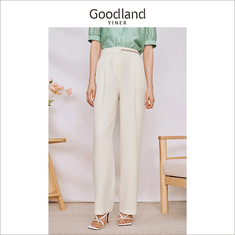 【醋酸系列】Goodland美地女装秋季百搭直筒钉珠休闲裤