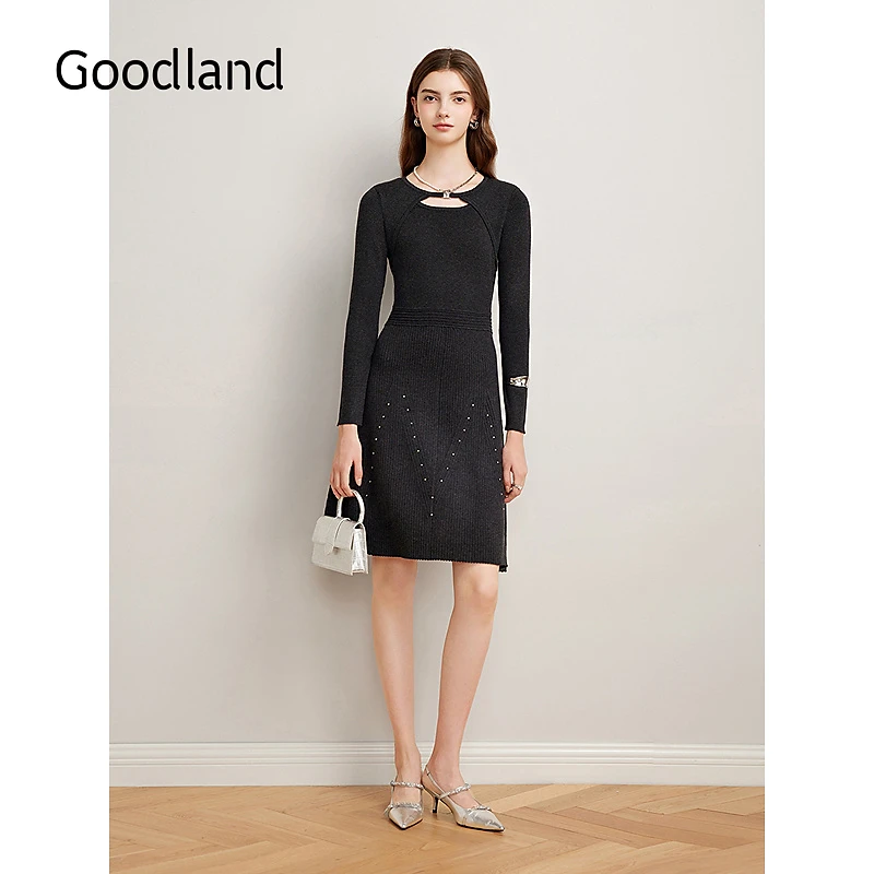 Goodland美地2025春季新款解构镂空针织减龄小A摆铆钉烫钻连衣裙