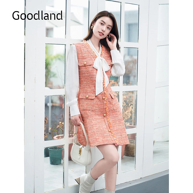 Goodland美地秋季新款减龄橙色粗花呢毛边假两件连衣裙