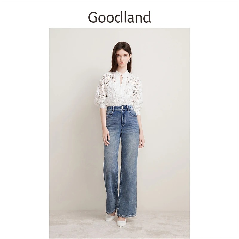 Goodland美地春季法式优雅慵懒绣花衬衫镂空套头上衣