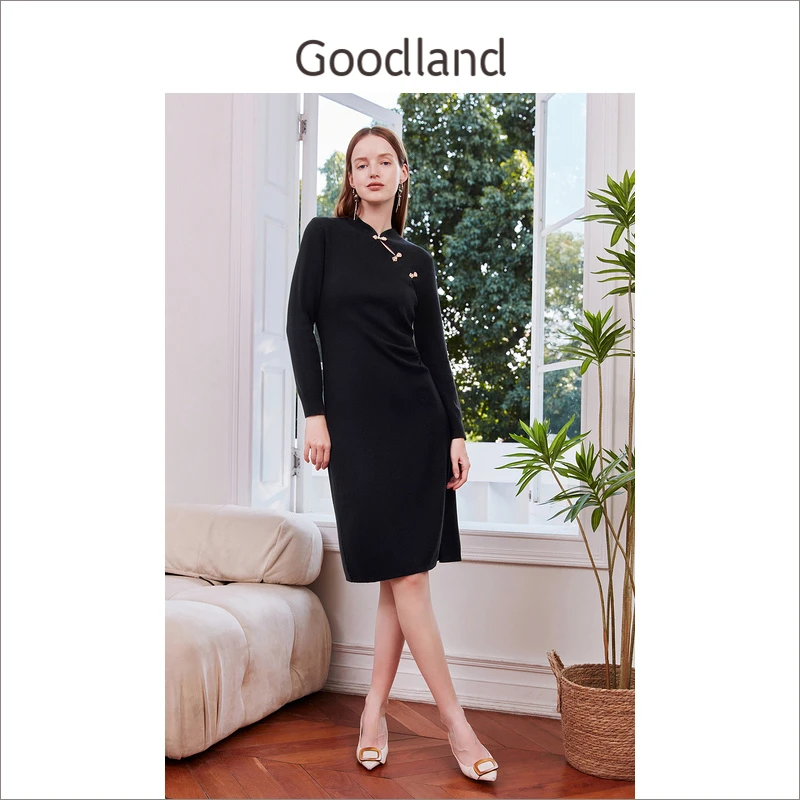 Goodland美地女装秋季雅丹新中式名媛气质长袖针织连衣裙