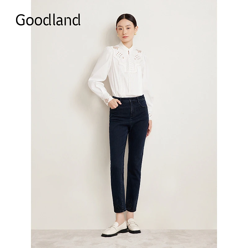 Goodland美地春季法式优雅镂空刺绣上衣风琴褶百搭衬衫