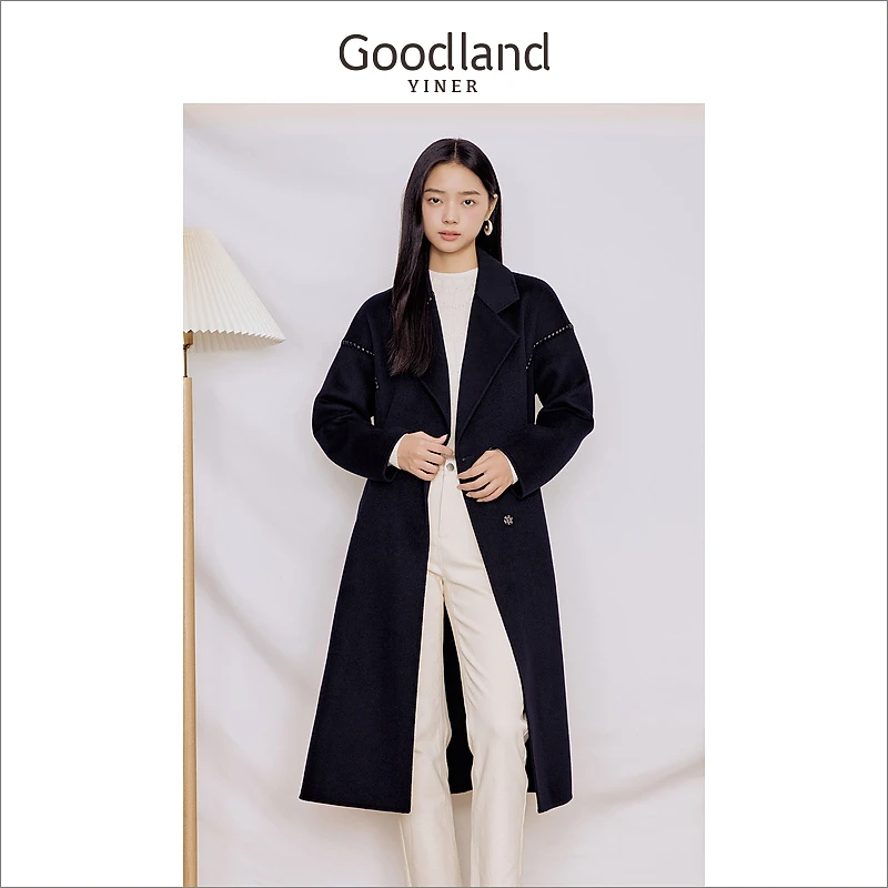 Goodland美地女装冬季收腰不对称双面羊毛大衣毛呢外套女