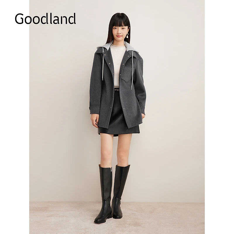 Goodland美地冬季新款绵羊毛混纺假两件连帽休闲短外套