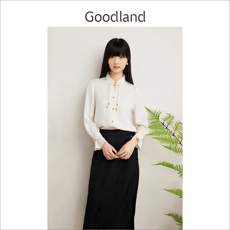 Goodland美地女装春季新中式复古盘扣双层小立领衬衫上衣