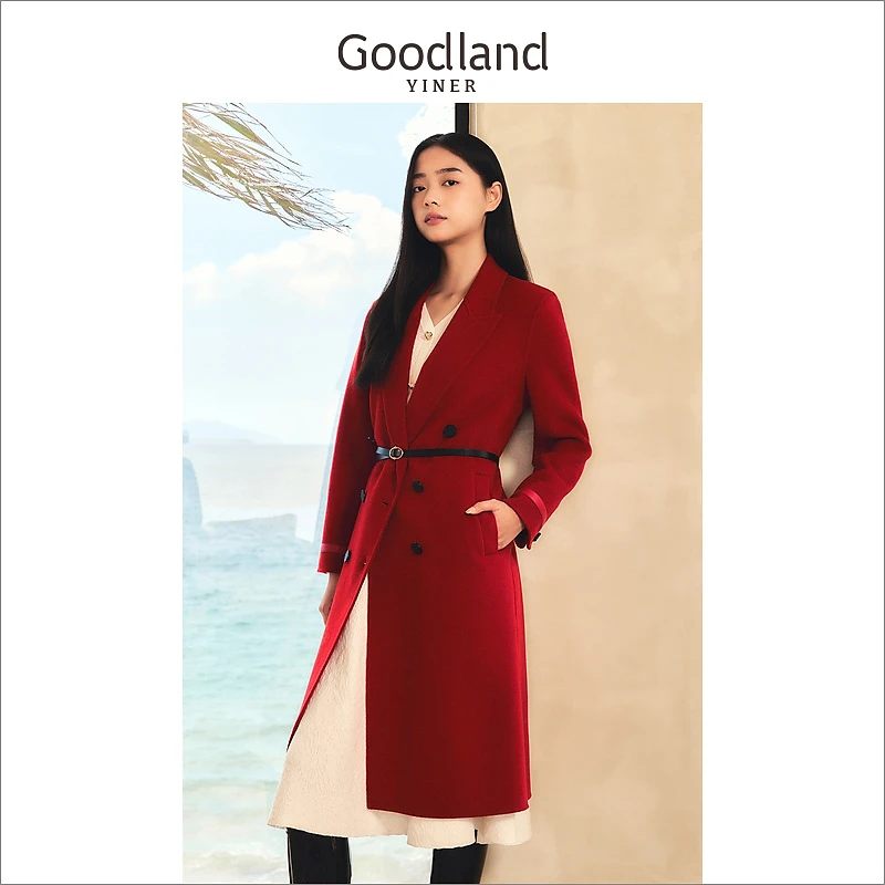 【安可拉红】Goodland美地女装冬季戗驳领纯羊毛双面呢大衣外套