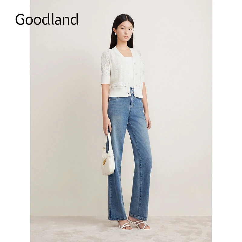 Goodland美地女装夏季法式勾花镂空v领白色短袖针织开衫女