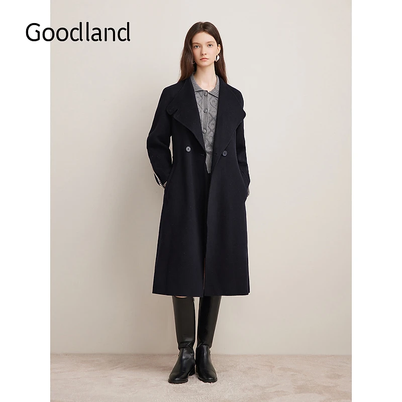 Goodland美地女装2025年冬季时尚立领中长款纯羊毛双面呢大衣外套