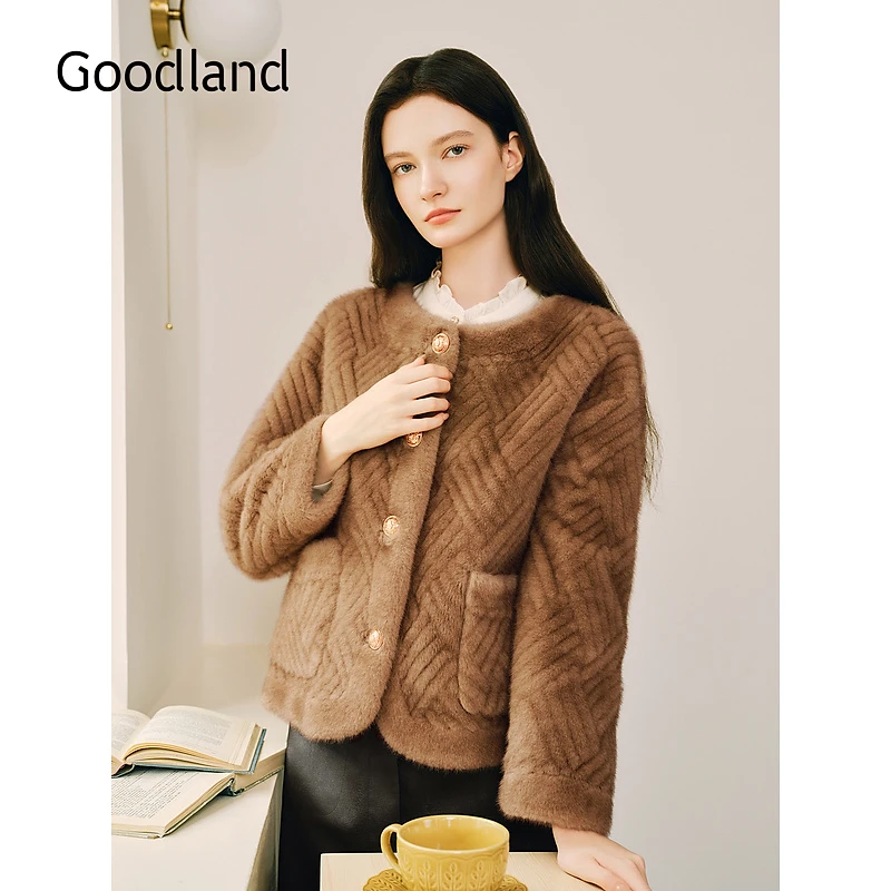 Goodland美地冬季新款雅丹老钱风编织纹理小香风仿皮草短外套