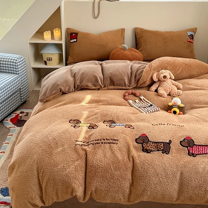 高克重细颗粒羊羔绒牛奶绒毛巾绣四件套单人四件套牛奶绒双面绒