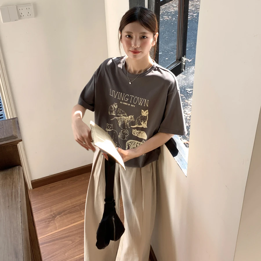 【财财短袖】春夏韩版时尚ins百搭短袖卡通印花圆领T恤休闲宽松打底