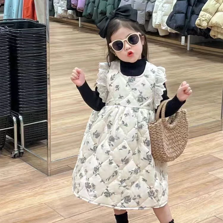 秋冬装女童连衣裙套装宝宝夹棉裙子小孩碎花公主裙韩系氛围感穿搭