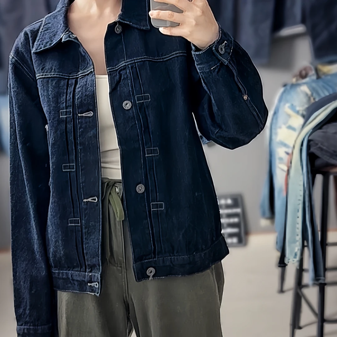 阿美咔叽蓝色牛仔短夹克男全棉水洗街头牛仔衣欧美复古牛仔短外套
