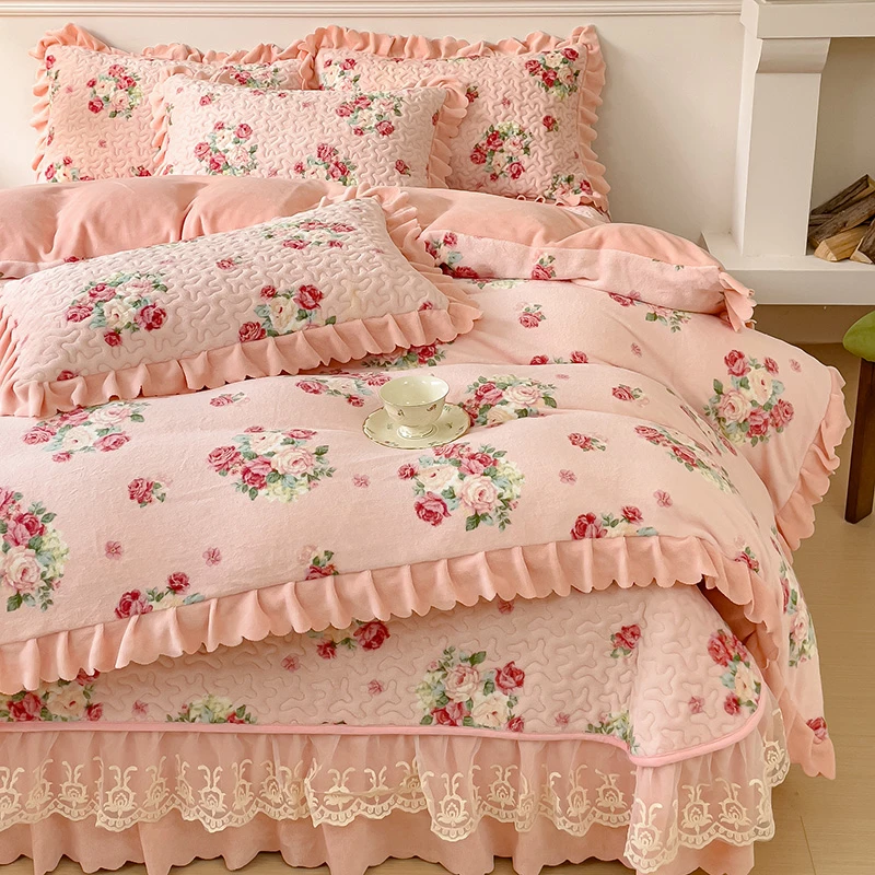 水星秋冬新款牛奶绒床盖四件套舒适少女心韩式床上用品时尚公主风