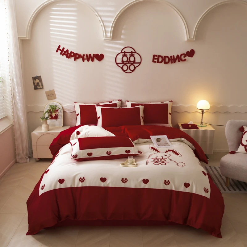 水星婚庆四件套结婚喜庆简约床上用品高档轻奢可机水洗国潮风被套