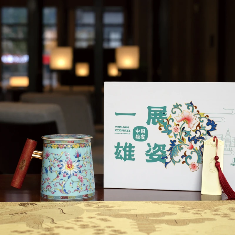 锦绣雄安珐琅彩木柄茶漏盖杯过滤带盖高档