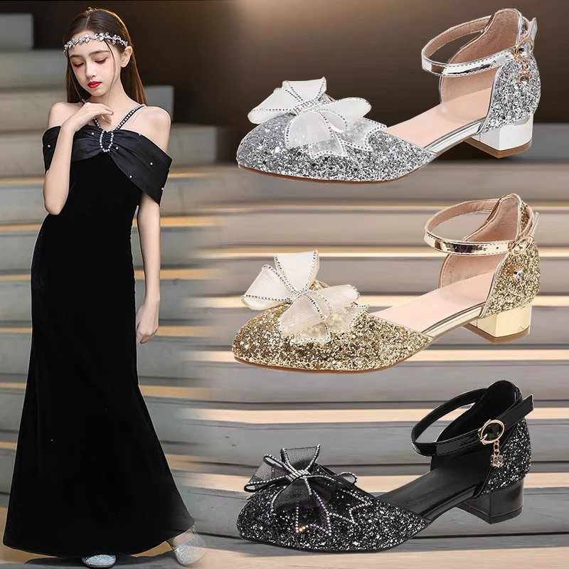 女童凉鞋2025夏季新款时尚儿童高跟鞋水晶公主鞋黑色中大童演出鞋