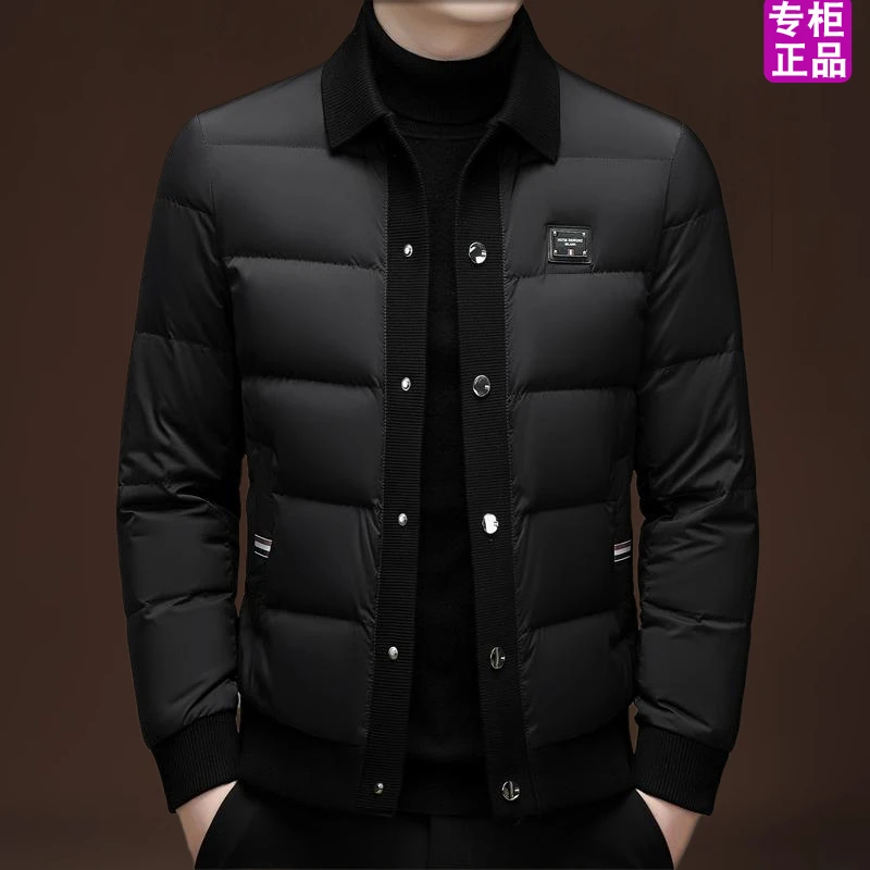 国际奢侈大牌男士白鸭绒羽绒服潮流翻领拼接针织短款加厚外套男装