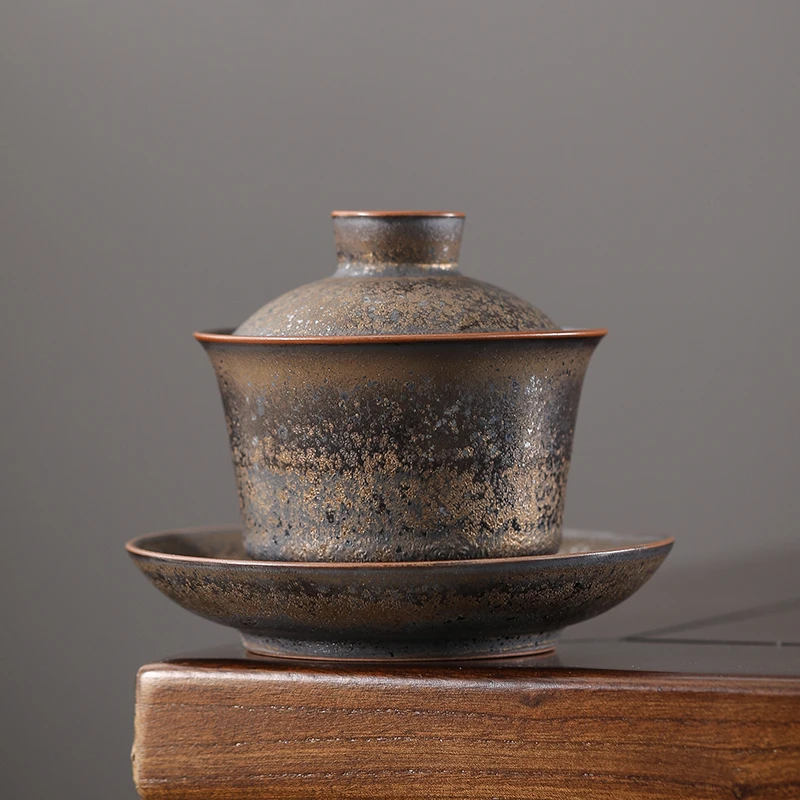 复古铁锈釉三才盖碗茶壶茶杯陶瓷窑变泡茶碗功夫茶具单人单个盖碗