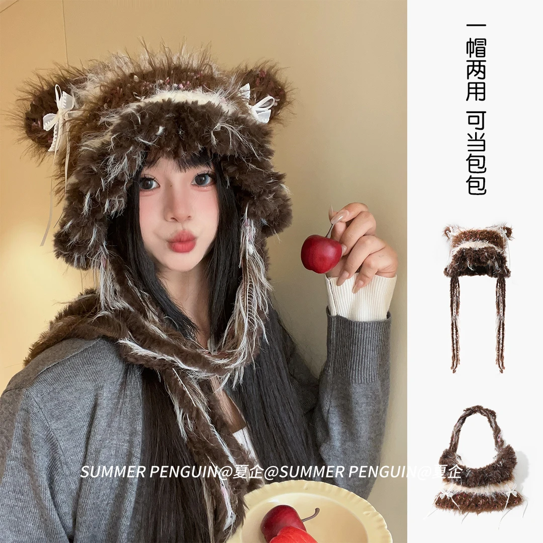 SUMMER PENGUIN条纹拼接针织毛线帽子女蝴蝶结加厚花瓣帽檐护耳帽