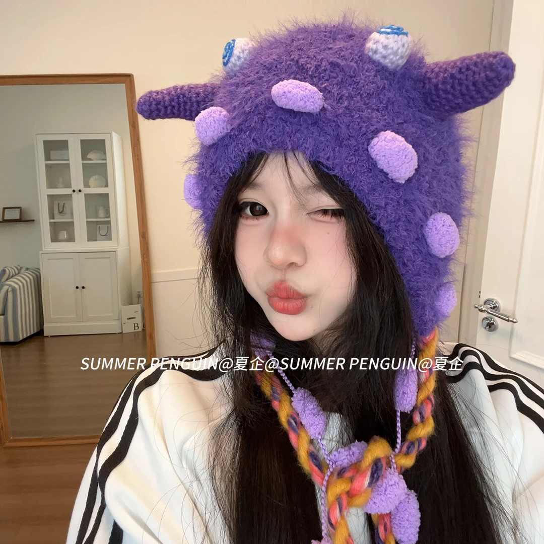 SUMMER PENGUIN搞怪可爱手工针织帽子毛绒小怪兽毛线帽秋冬保暖帽