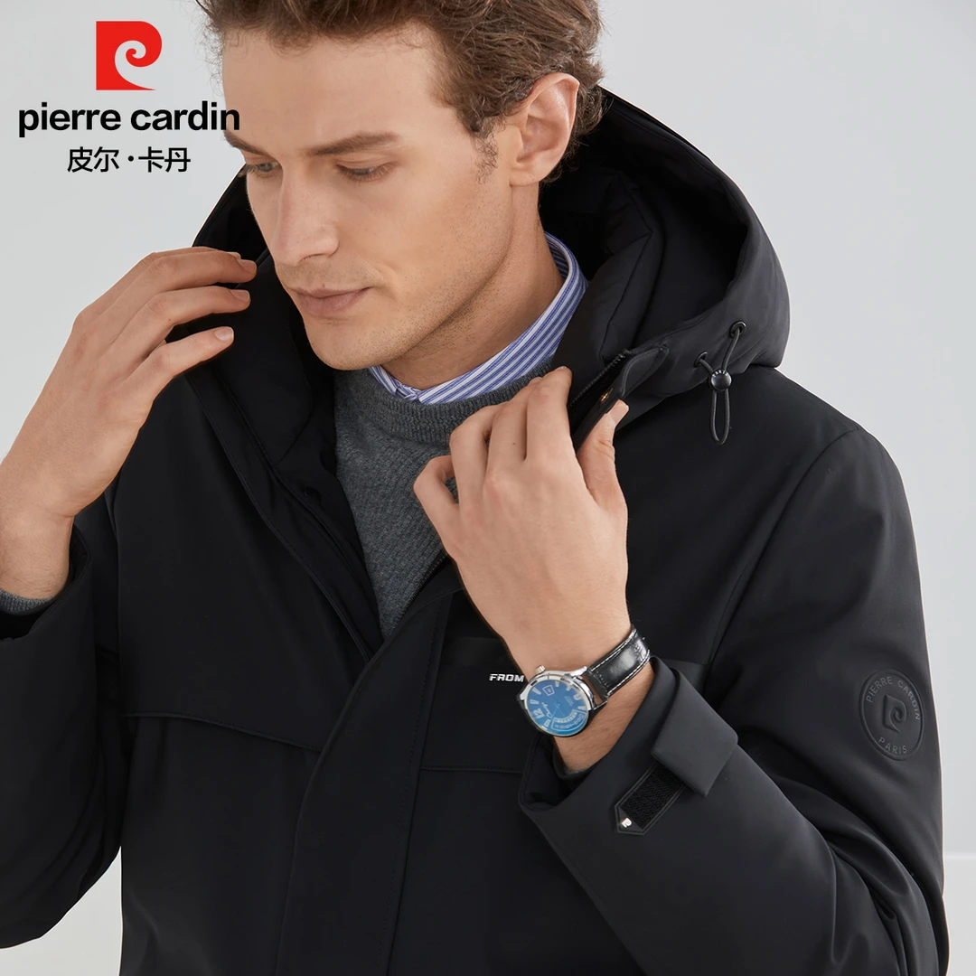 皮尔卡丹【男士中长款连帽羽绒服】冬季户外防风保暖百搭男款羽绒服