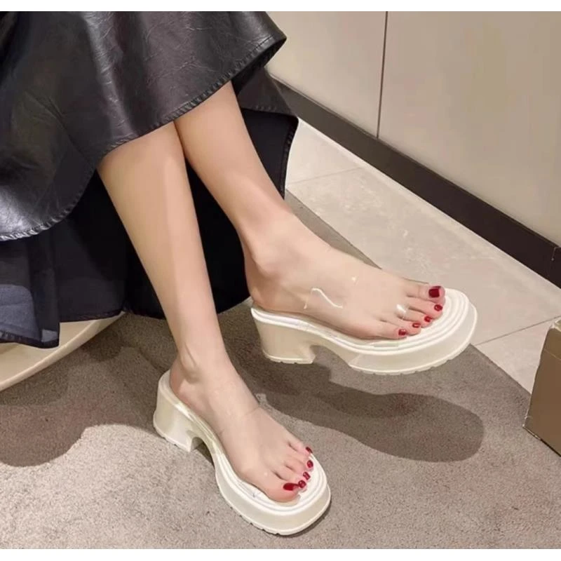 【冰感凉拖】2024夏季新款网红女外穿小个子厚底粗跟夹趾百搭凉拖鞋