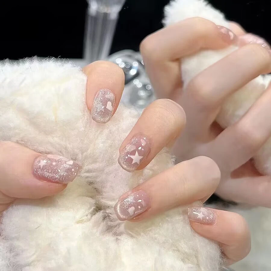 【短款】爱心手工猫眼气质小清新成品穿戴美甲指甲贴片265