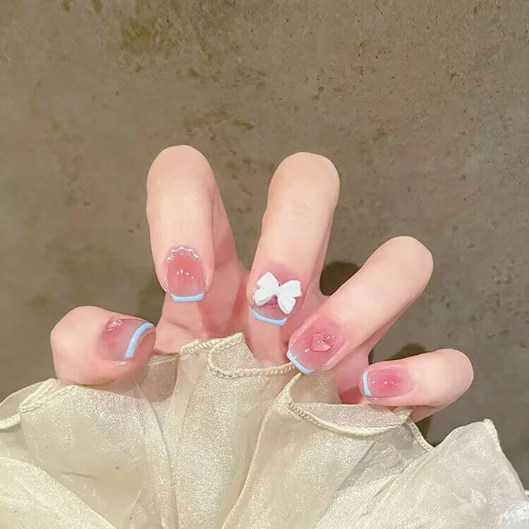 【短款】温柔冰透爱心腮红法式蝴蝶结显白成品穿戴美甲贴片409