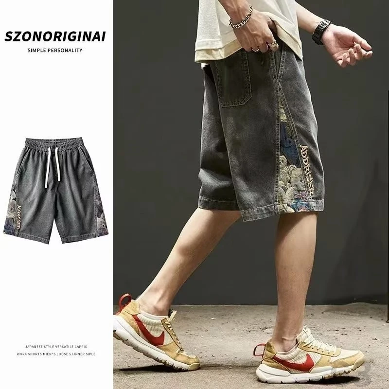 小熊拼接牛仔短裤男士夏季薄款宽松大码休闲美式复古潮牌五分中裤