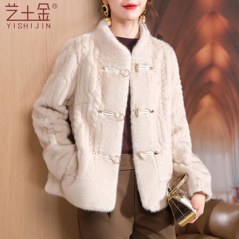 中年妈妈冬装新款外套中老年人女装秋冬大衣高贵保暖仿水貂绒大衣