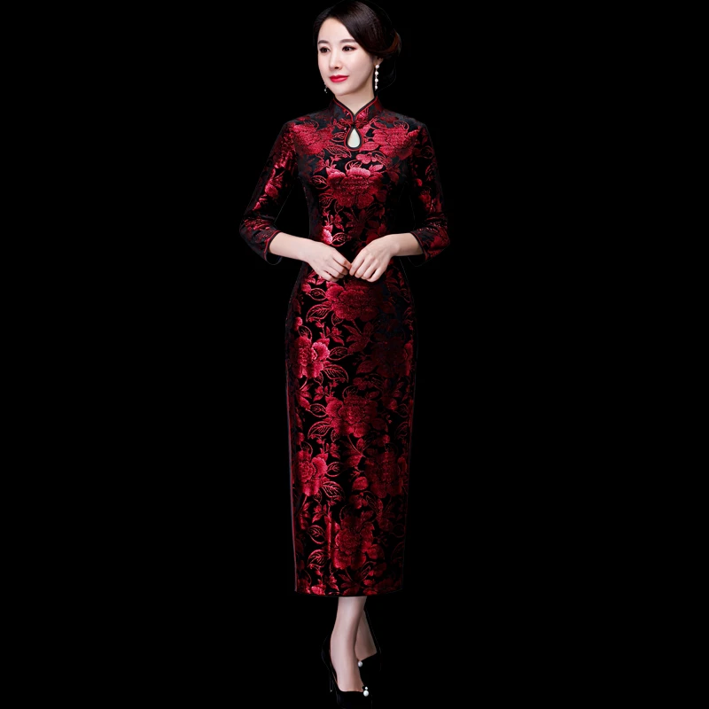 中国风旗袍春秋款高贵有气质金丝绒面料复古显瘦修身新中式大码