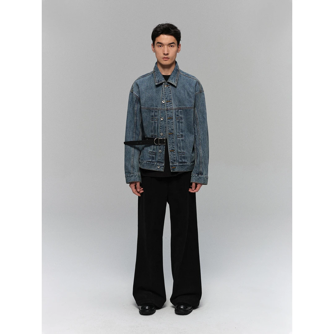 NANS STUDIO14OZ重磅竹节纹理做旧水洗经典方领褶裥牛仔夹克