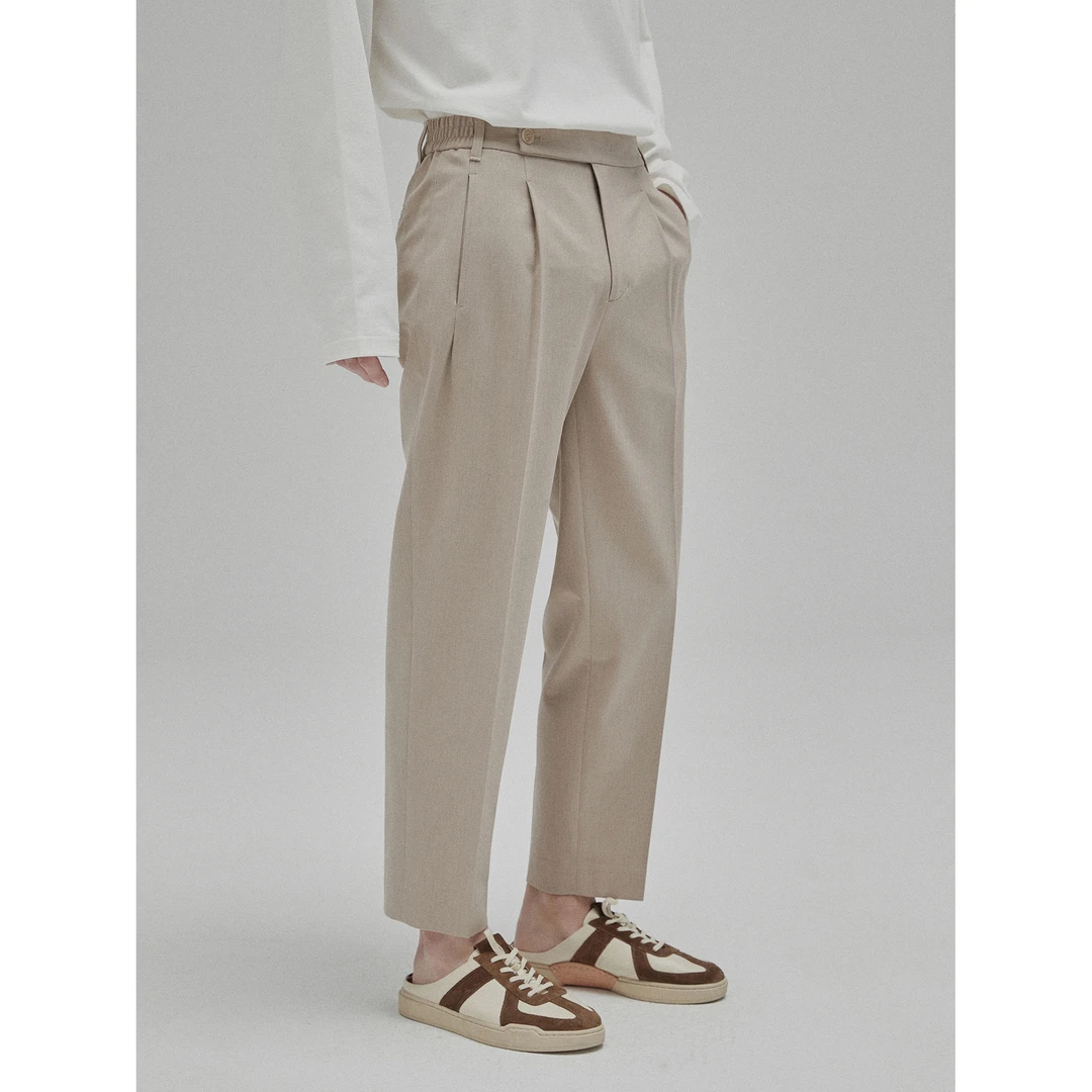 超细高密色纺微弹素材经典双褶裥半松紧腰锥形宽舒九分裤 NS6A19