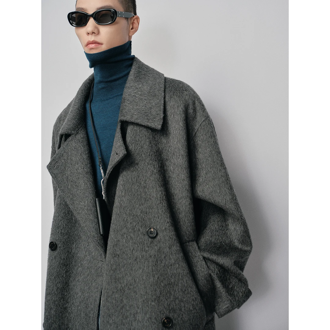 NANS重磅混色散毛织染双排扣小翻领全羊毛双面呢大衣