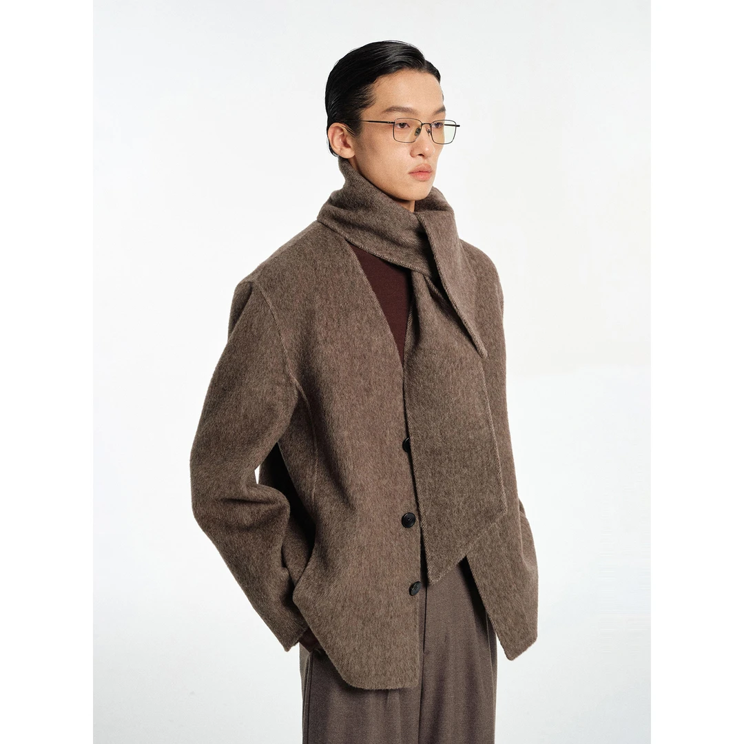 NANS STUDIO全羊毛无领设计暗门襟手工双面呢夹克/切角围巾套装