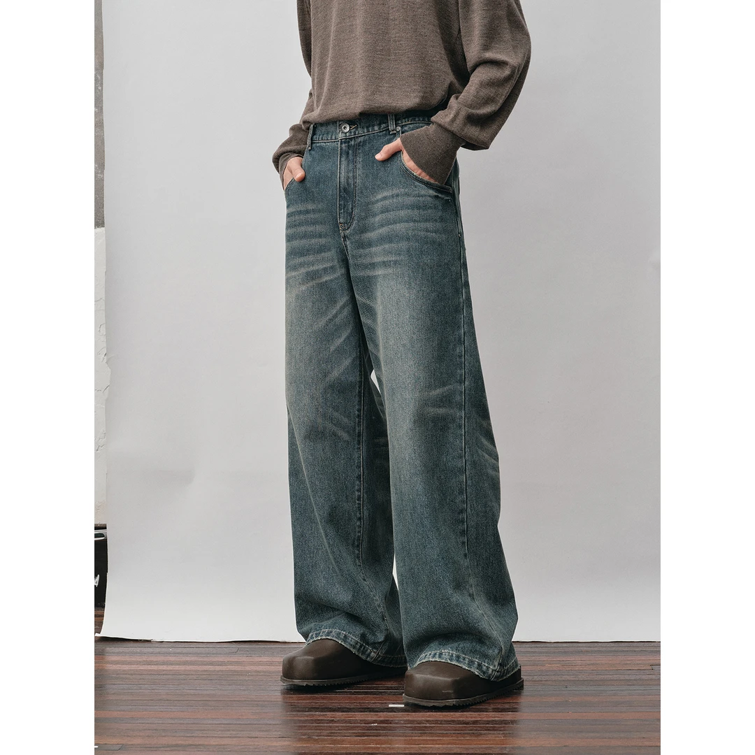 【NANS】13OZ做旧水洗复古感复古穿搭猫须设计手擦马骝直筒牛仔长裤