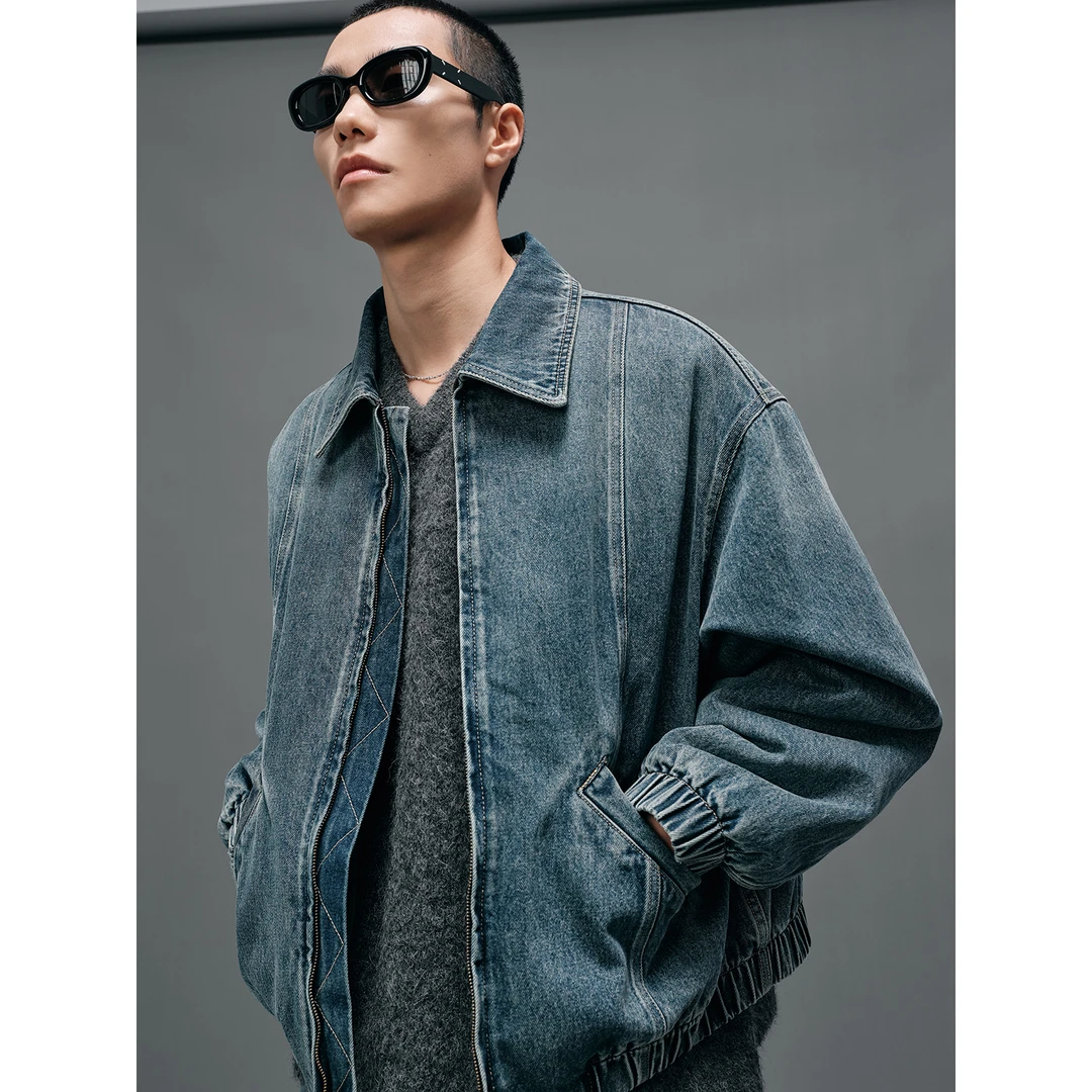 【NANS】13OZ复古做旧水洗经典方领分割压线开袋内里绗棉牛仔夹克