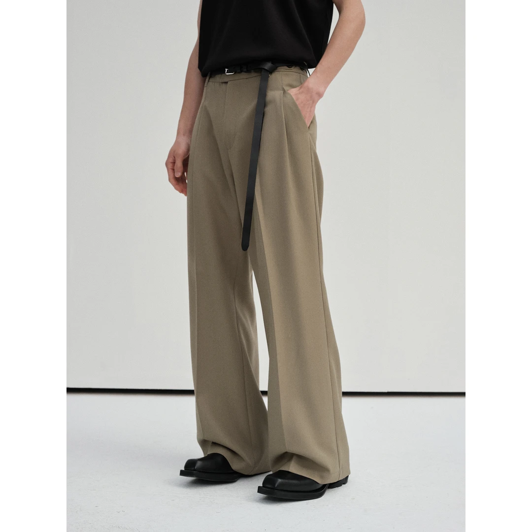 NANS STUDIO精纺美利奴羊毛竖条肌理可调节腰袢设计微喇休闲长裤