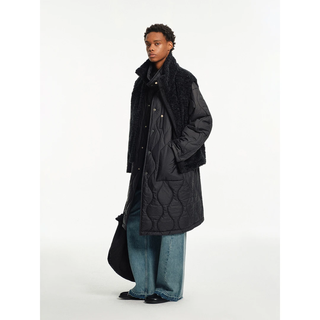 NANS STUDIO高密绸面素材小立领多口袋经典葫芦格双面穿绗棉大衣