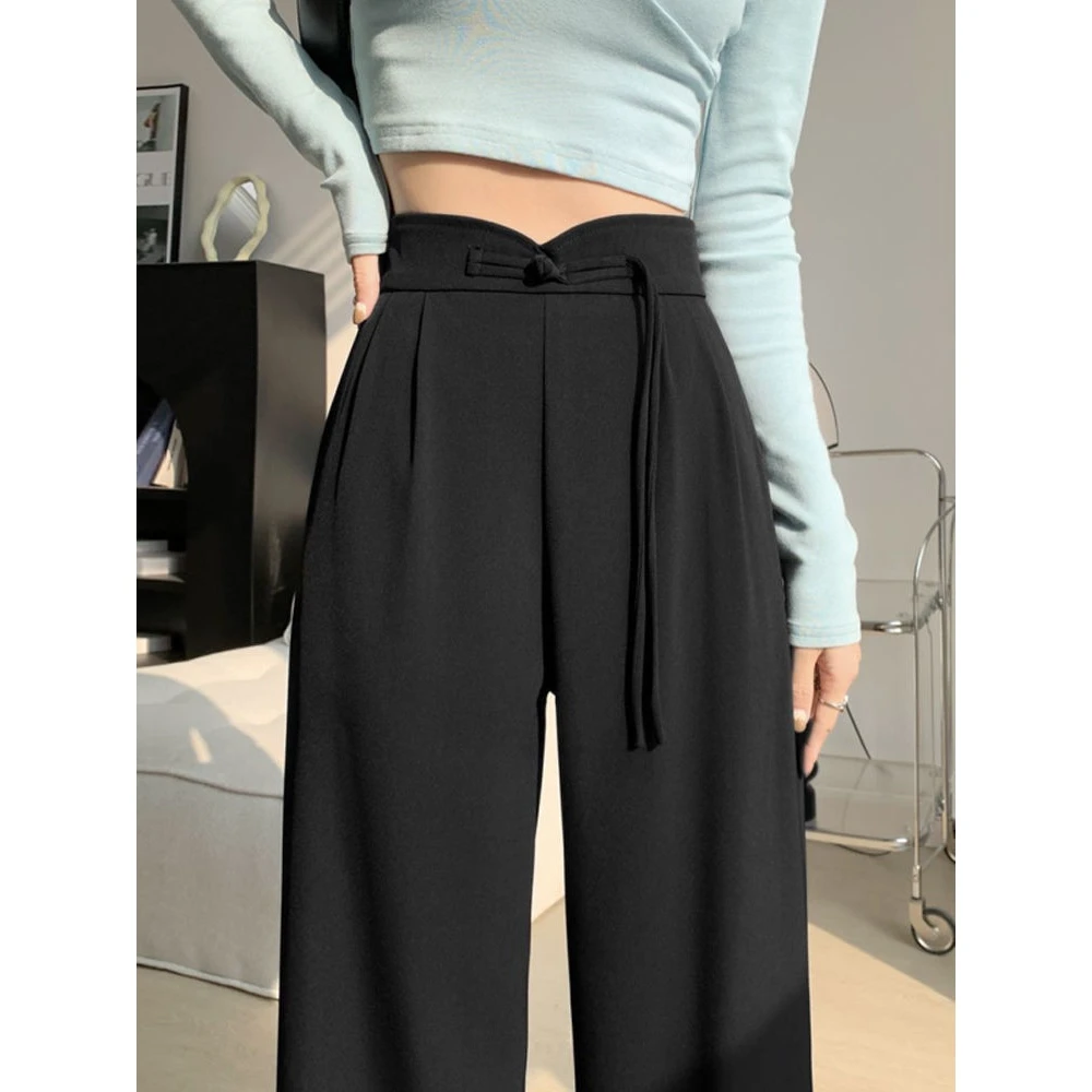 黑色新中式国风盘扣西装裤女春夏季小个子高腰垂感直筒窄版阔腿裤