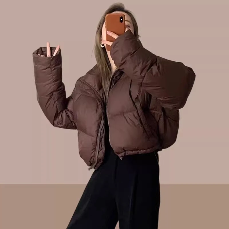 2023新韩版短款棉衣女立领棉服宽松加厚面包服外套设计感潮流纯色