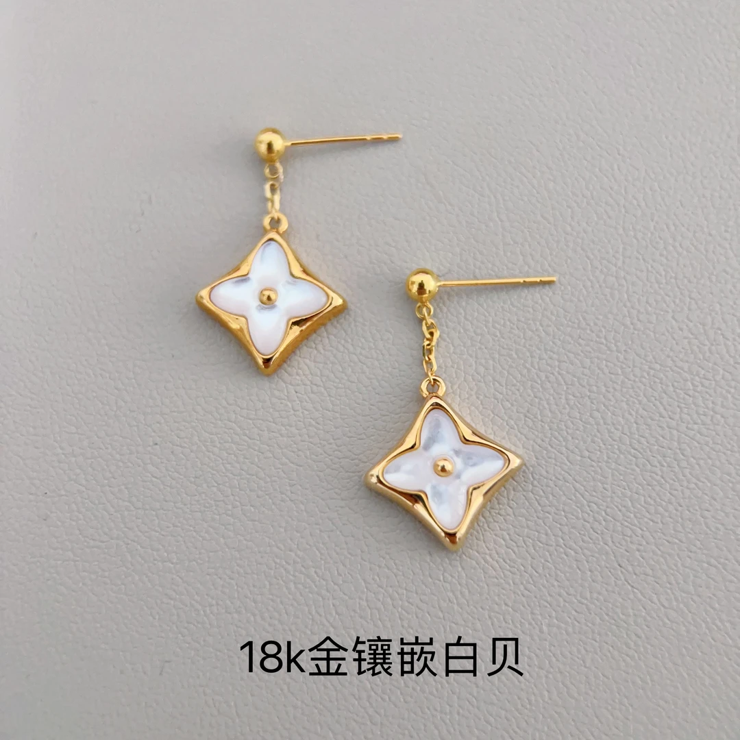 18k镶嵌白贝耳钉刘亦菲同款金色菱形四叶草老花耳环气质优雅简约