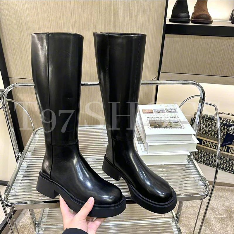 2024秋冬季新款英伦风高筒厚底增高圆头后拉真皮链套筒长靴女1981