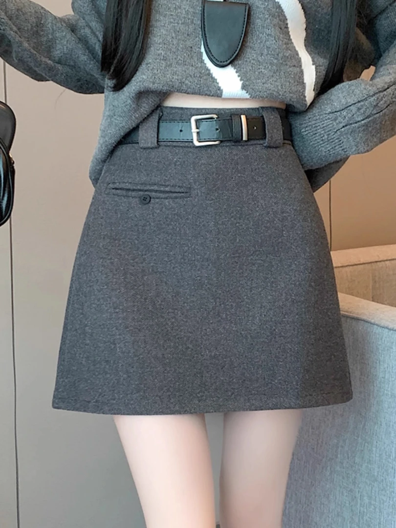 高级灰加厚毛呢休闲短裙女秋冬季新款高腰短款毛呢a字包臀半身裙