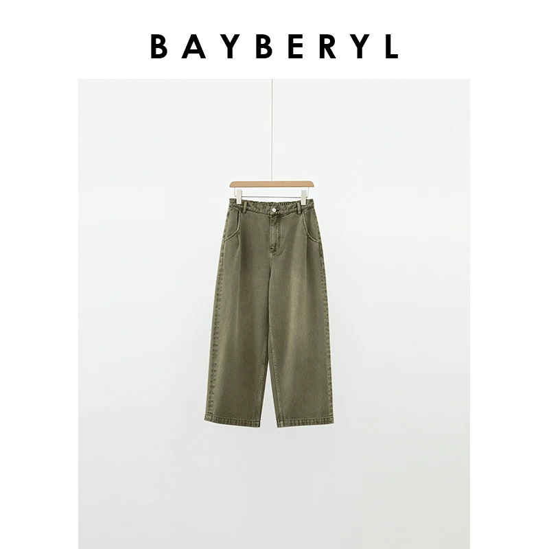 Z6-BAYBERYL老贝绿牛*复古水洗宽松阔腿九分牛仔裤秋NZK4G1607