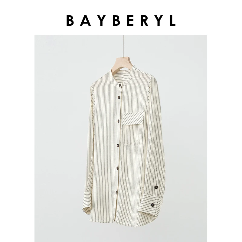Z6-BAYBERYL老贝鬼绉米色条纹圆领单排扣宽松春衬衫NCY4C1324