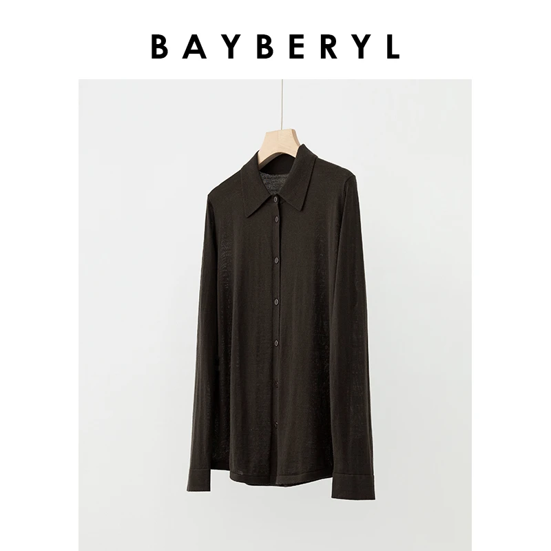 BAYBERYL老贝 深棕 翻领单排扣针织开衫ZZS4G1628-7/22